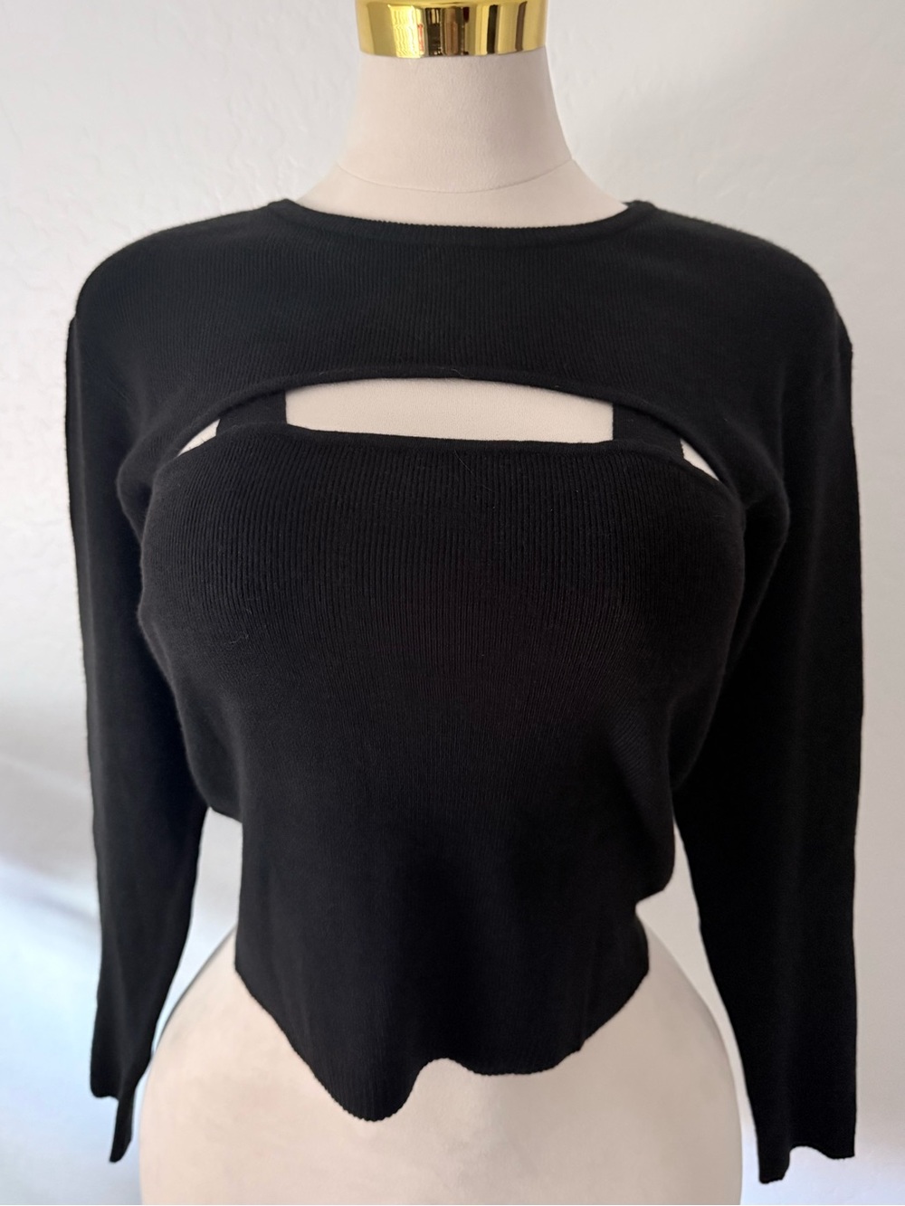 The Drop Black Layered Cutout Knit Sweater Wool Blend Size Large